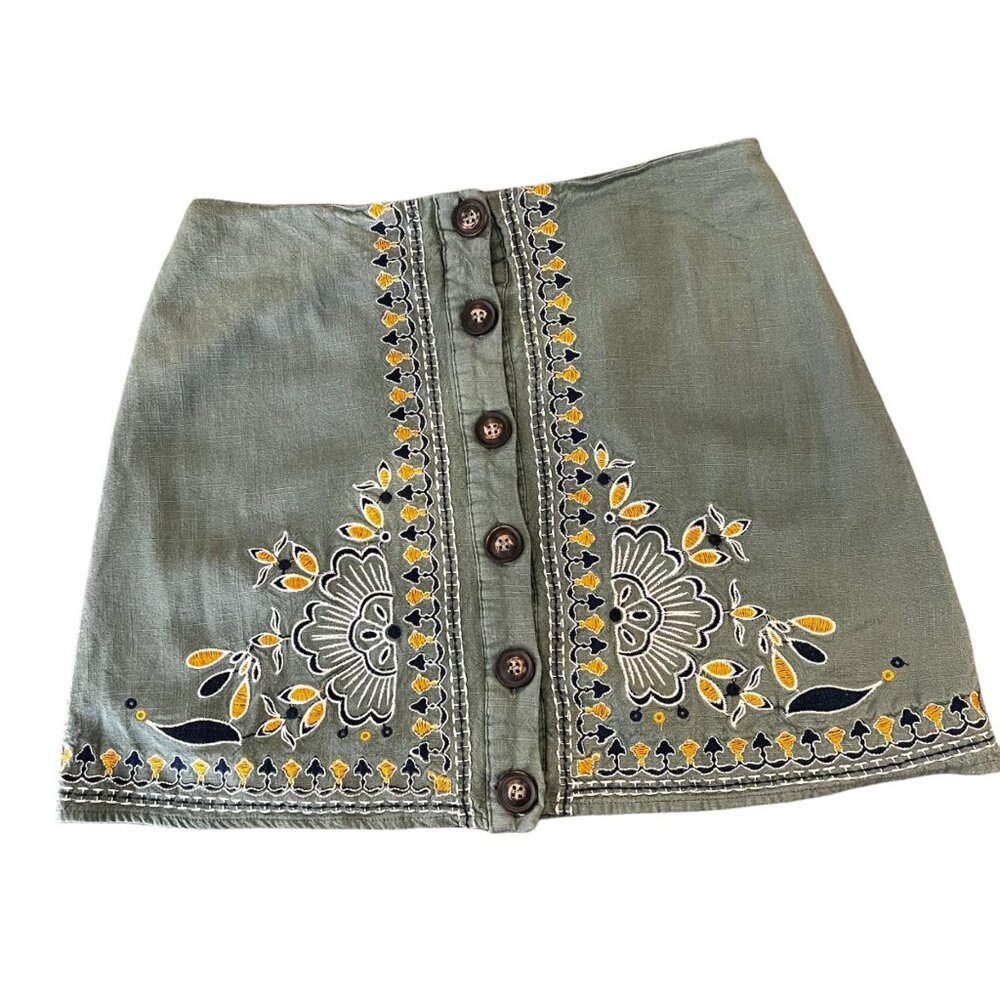 Blue Rain Mini Skirt S Linen‎ Blend Green Blue Yellow Embroidered Size Small - Picture 3 of 8